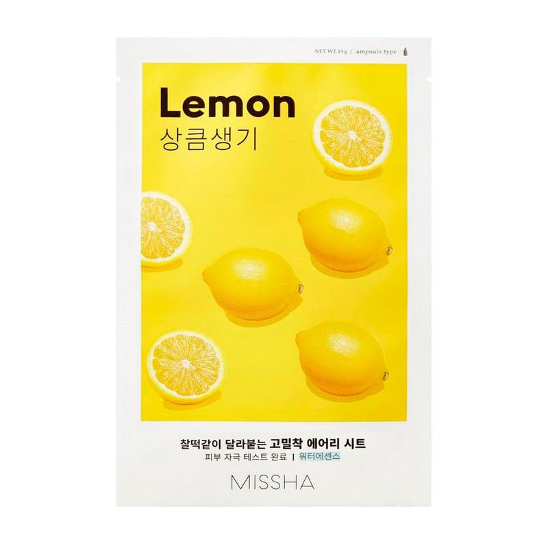 Missha AIry Fit Sheet Mask Lemon på en hvis baggrund. Koreansk ansigts maske
