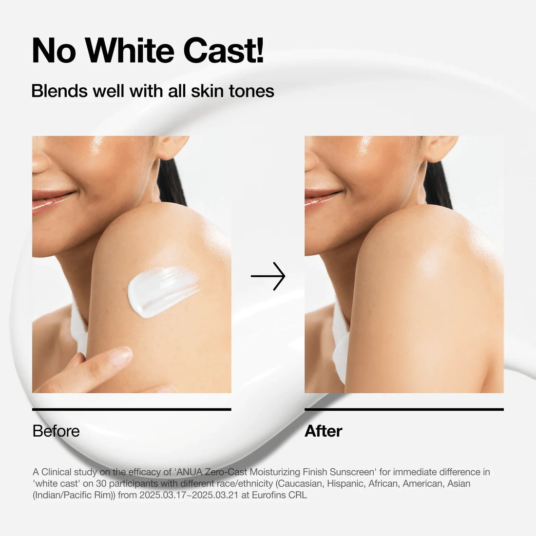 Anua Zero-Cast Moisturizing Finish Sunscreen – før og efter påføring på huden