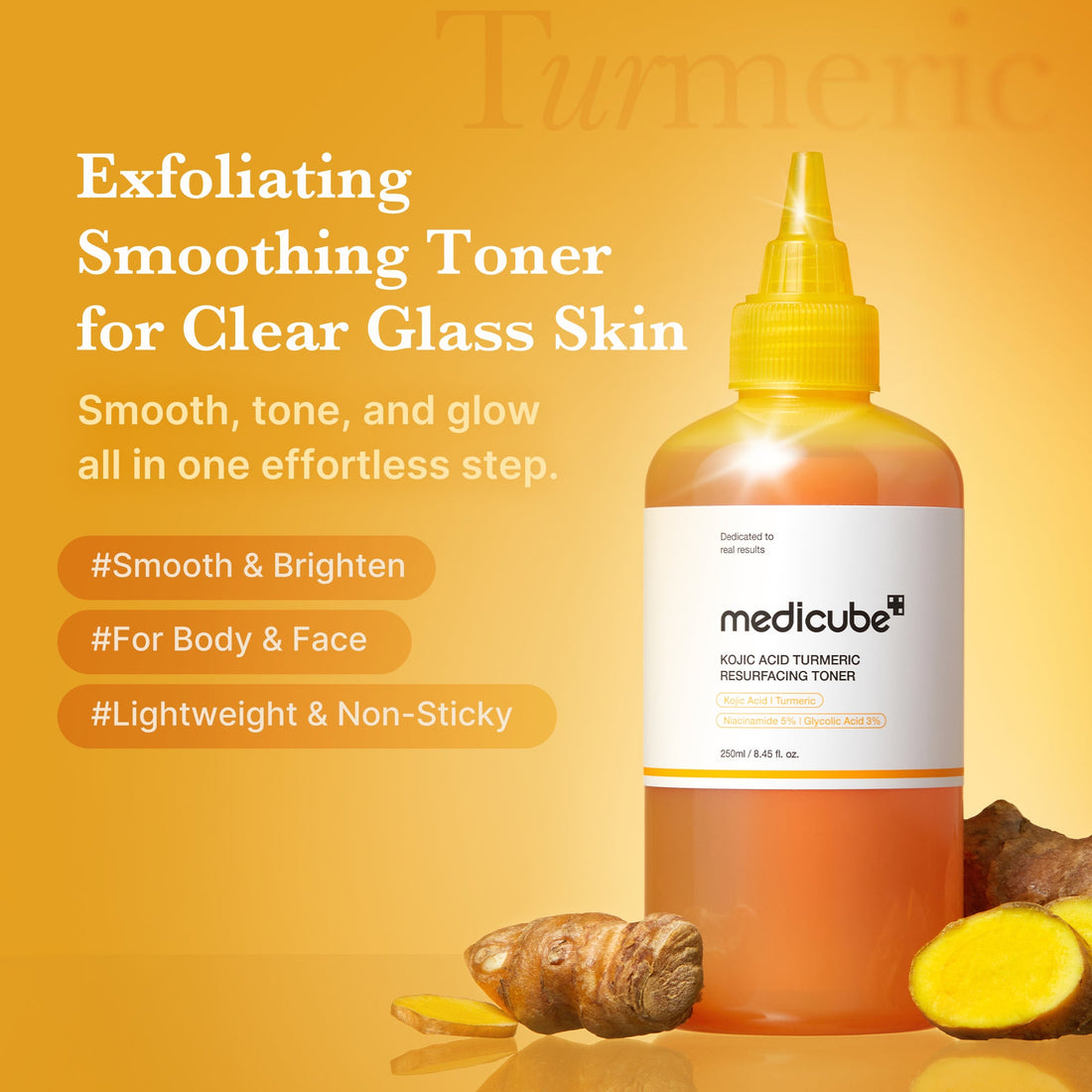 Medicube Kojic Acid Turmeric Resurfacing Toner – flasken med frisk gurkemeje