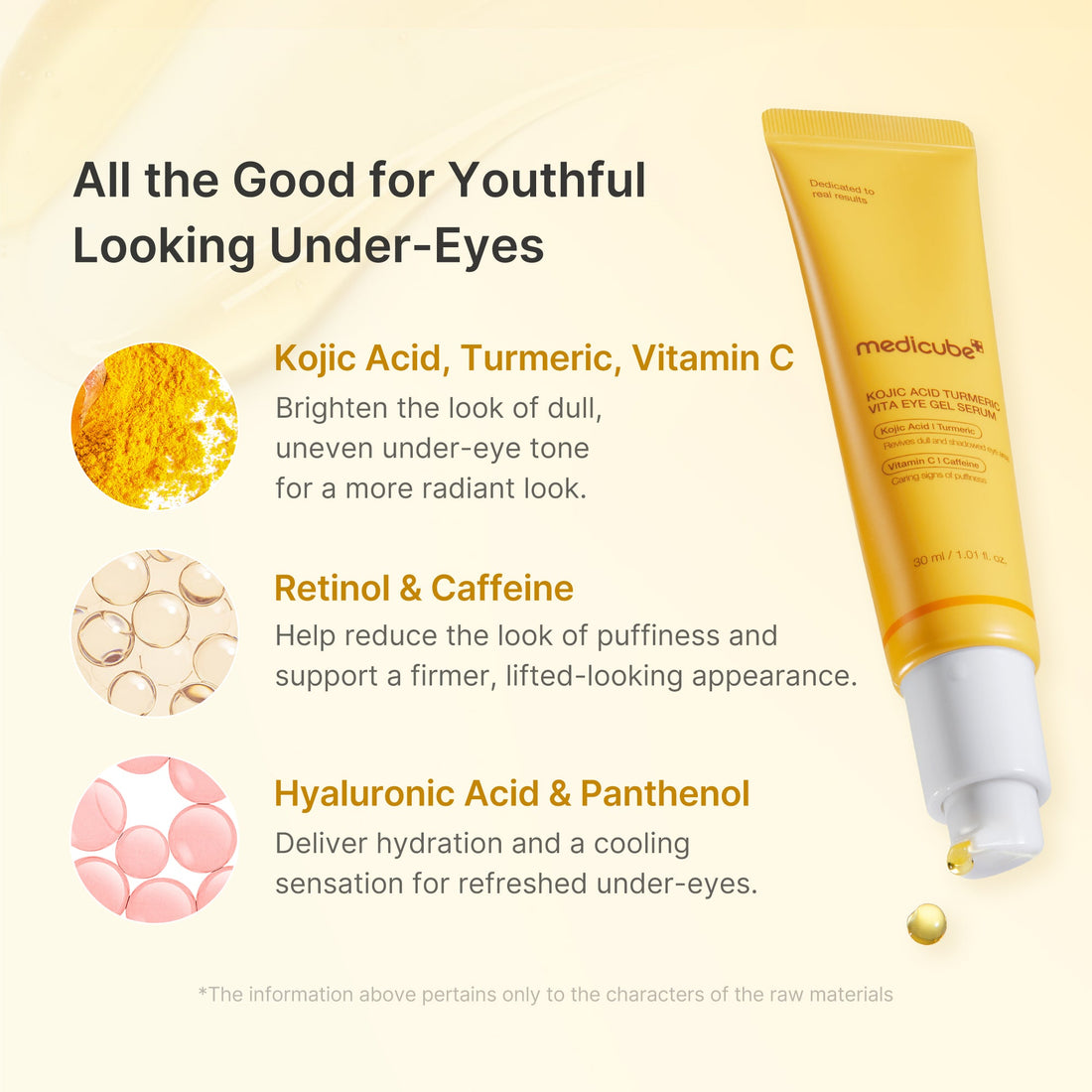 Medicube Kojic Acid Turmeric Vita Eye Gel Serum – nøgleingredienser: kojicsyre, gurkemeje, C-vitamin og koffein