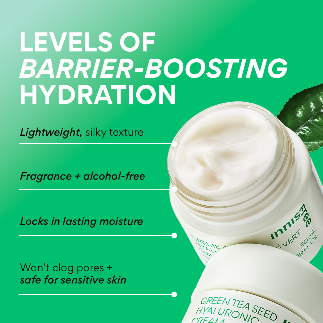 Innisfree Green Tea Seed Hyaluronic Cream – egenskaber: let tekstur, uden parfume og alkohol