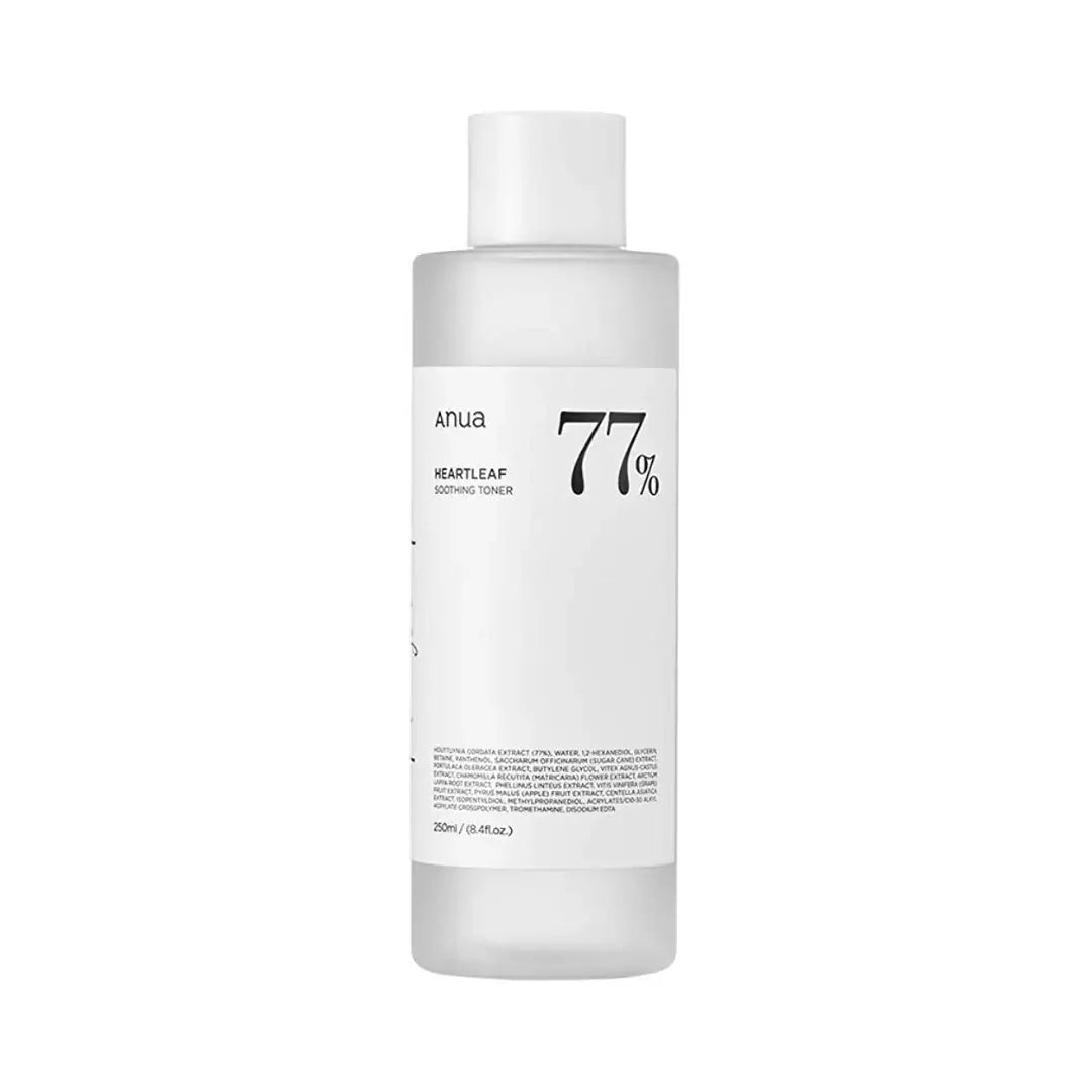Anua Heartleaf 77 Soothing Toner – Beroligende toner med 77% hjertensblad-ekstrakt, der reducerer rødme og fugter huden. 250 ml
