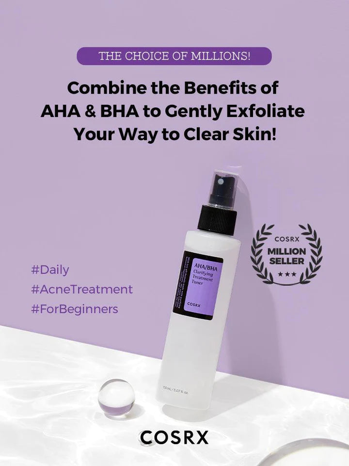 COSRX AHA BHA Clarifying Treatment Toner på lilla baggrund