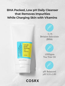 Tube med COSRX Low pH Good Morning Gel Cleanser på en hvid baggrund. Teksten angiver, at produktet er fyldt med BHA og har en lav pH-værdi, som fjerner urenheder og tilfører huden vitaminer. Ingredienserne inkluderer 0,1% betain salicylat (BHA), 1000 ppm tea tree olie og er pH-afbalanceret til 5.3 ± 1.00. Tuben indeholder 150 ml 