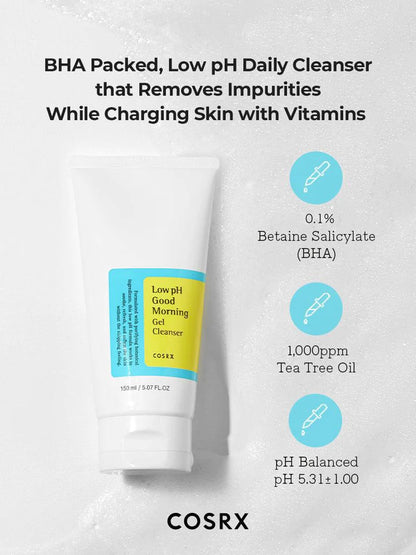 Tube med COSRX Low pH Good Morning Gel Cleanser på en hvid baggrund. Teksten angiver, at produktet er fyldt med BHA og har en lav pH-værdi, som fjerner urenheder og tilfører huden vitaminer. Ingredienserne inkluderer 0,1% betain salicylat (BHA), 1000 ppm tea tree olie og er pH-afbalanceret til 5.3 ± 1.00. Tuben indeholder 150 ml 