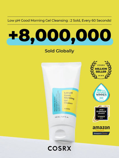 Tube med COSRX Low pH Good Morning Gel Cleanser på en gul baggrund. Teksten angiver, at produktet er solgt i over 8 millioner eksemplarer globalt. Der er også mærker for forskellige priser og Amazon’s Choice. Tuben indeholder 150 ml