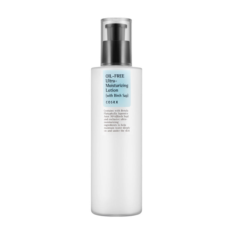 COSRX Oil Free Ultra Moisturizing Lotion moisturizer på en hvid baggrund. Koreansk hudpleje