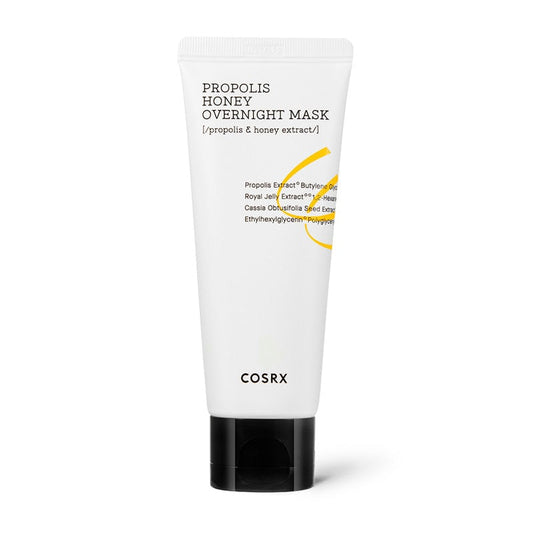 COSRX Full Fit Propolis Honey Overnight Mask på en hvis baggrund. Nat creme. Koreansk hudpleje 