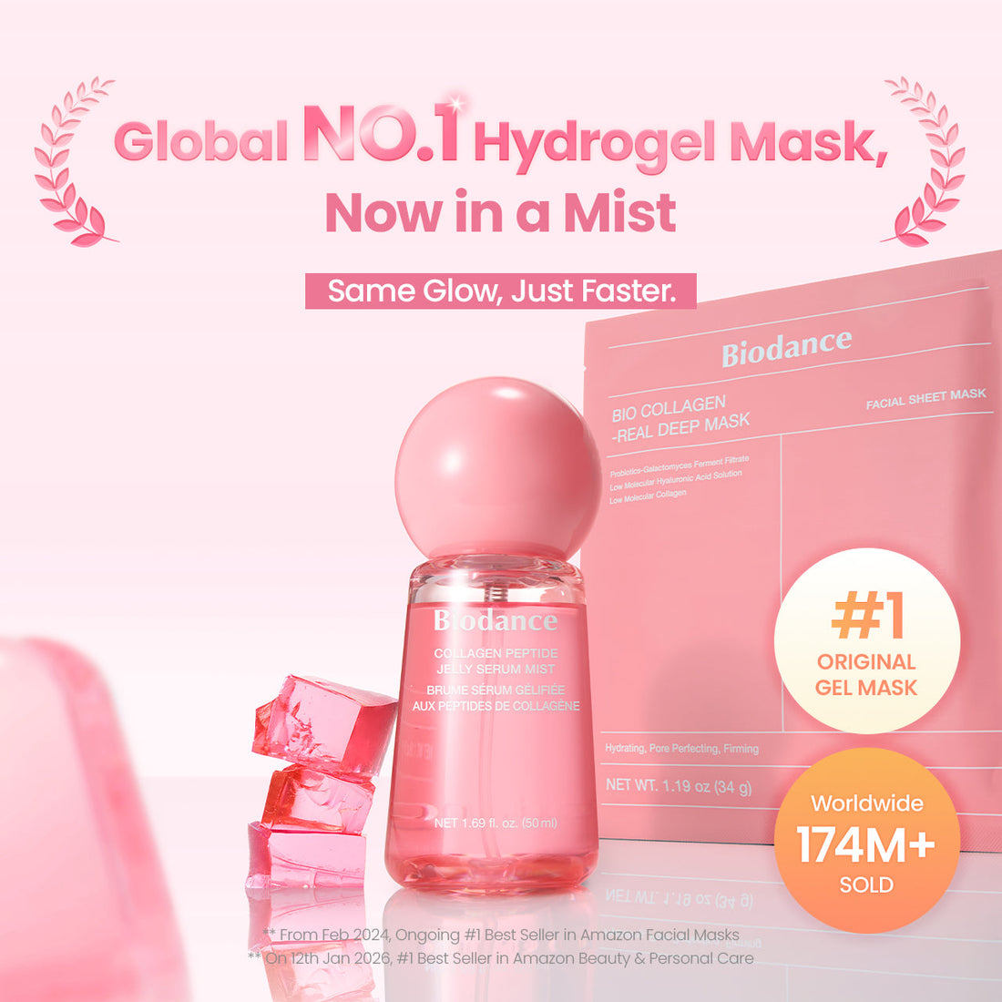 Biodance Collagen Peptide Jelly Serum Mist – flasken ved siden af mærkets hydrogelmaske
