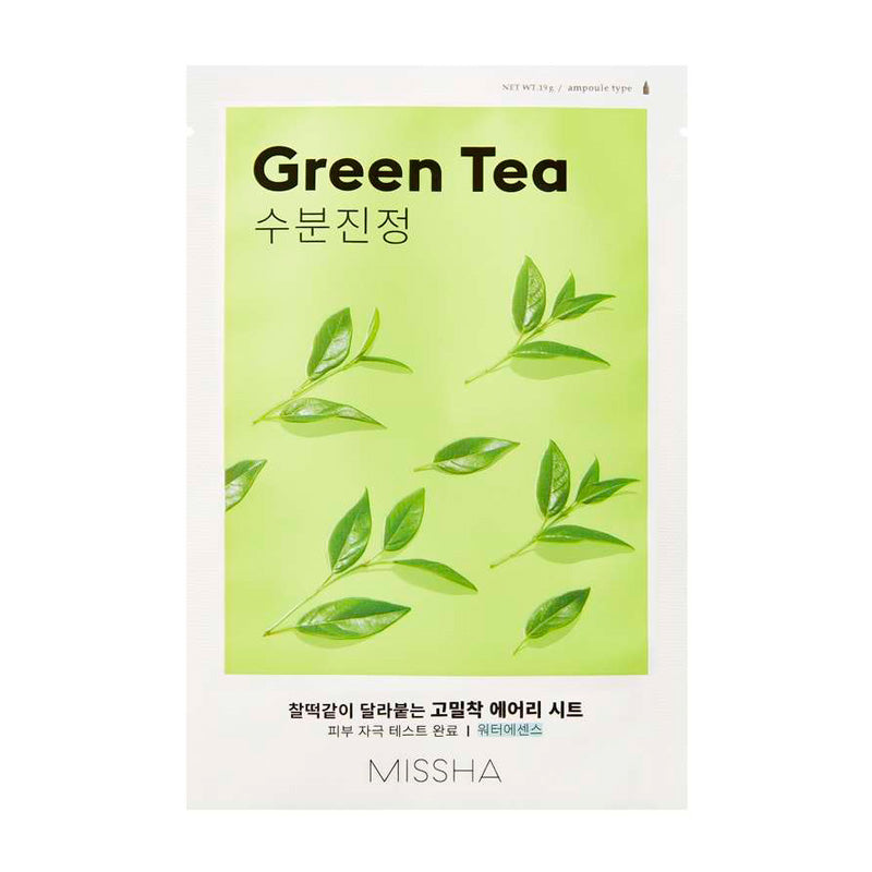 Missha AIry Fit Sheet Mask Green Tea på en hvid baggrund 