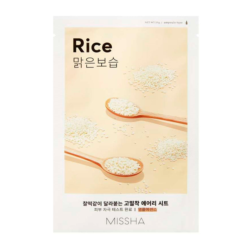 Missha AIry Fit Sheet Mask Rice på en hvid baggrund 