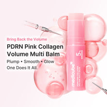 Medicube PDRN Pink Collagen Volume Multi Balm – produktnavn og stiften i dekorativ opstilling