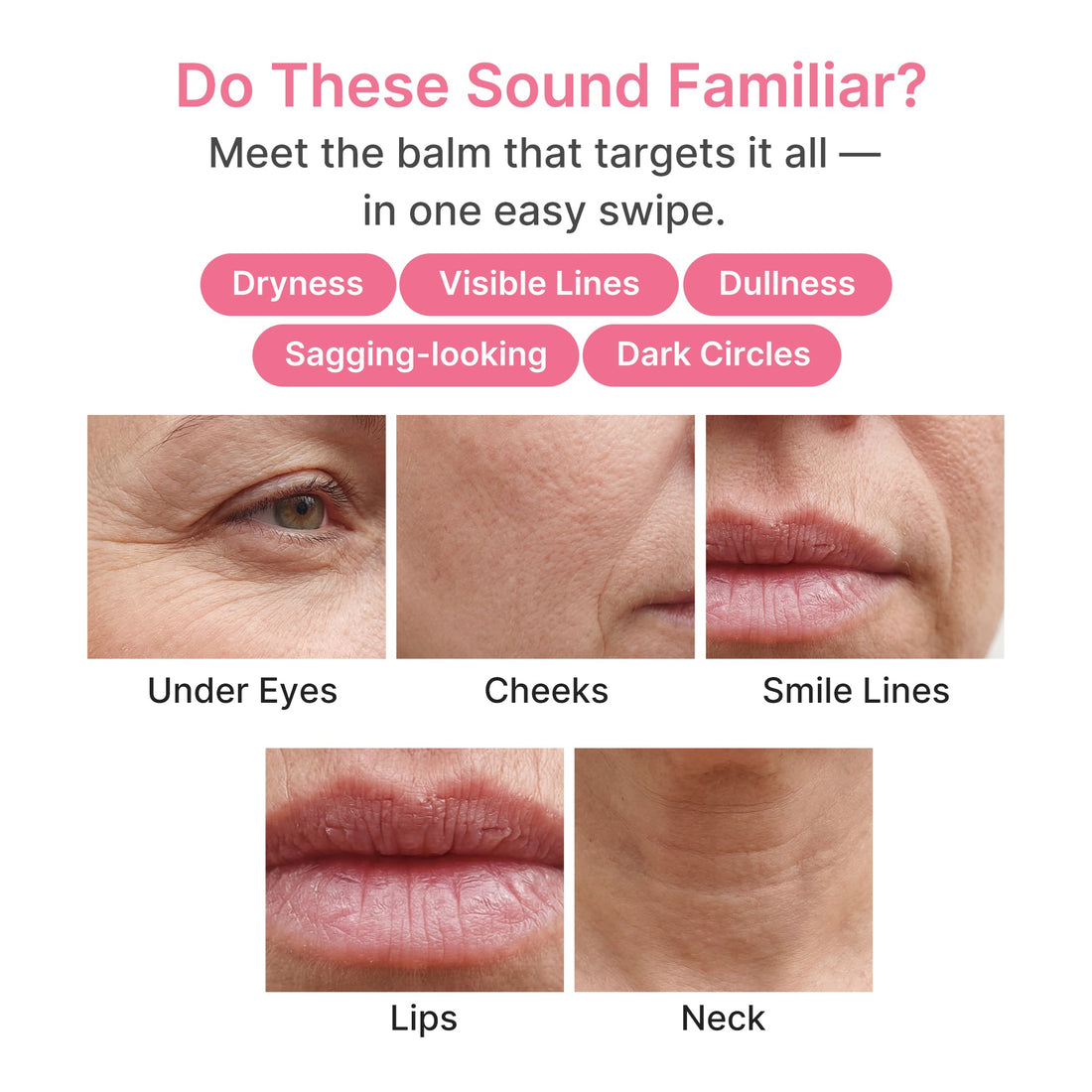 Medicube PDRN Pink Collagen Volume Multi Balm – områder balmen kan bruges på: øjenomgivelser, kinder, smilerynker, læber og hals