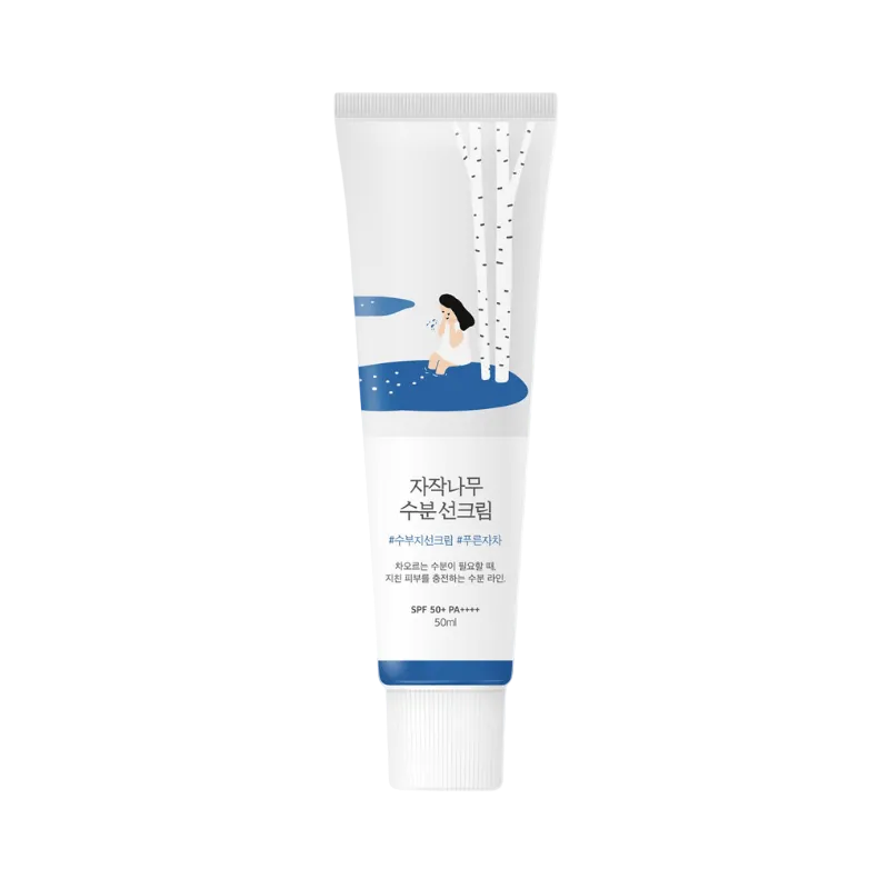“Round Birch Juice Moisturizing solcreme på en hvid baggrund. Koreansk hudpleje