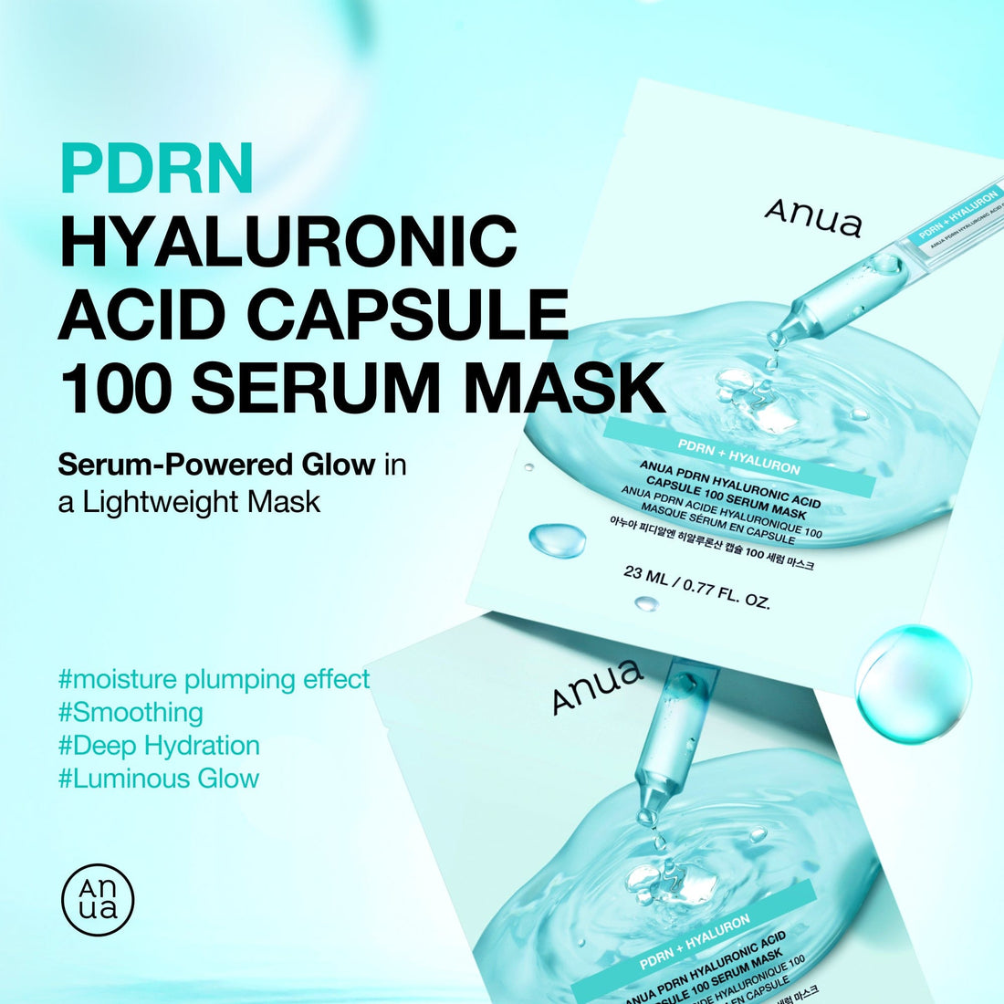 Anua PDRN Serum Mask – produktnavn og poser i opstilling