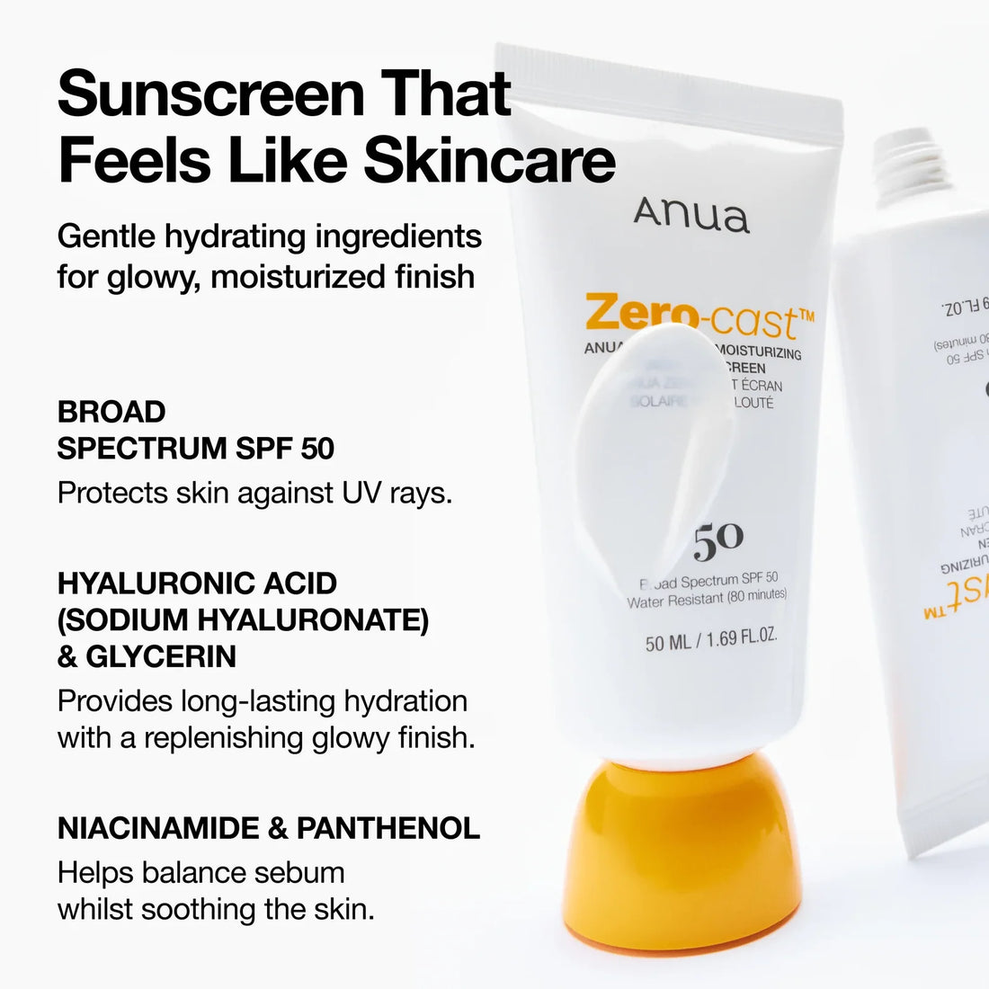 Anua Zero-Cast Moisturizing Finish Sunscreen – ingredienser: hyaluronsyre, glycerin, niacinamid og panthenol