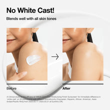 Anua Zero-Cast Moisturizing Finish Sunscreen – før og efter påføring på huden