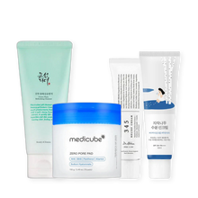 Komiko basis pakke 4 steps til fedtet hud og porer med Green Plum Cleanser, Medicube Zero Pore Pad, Dr.Althea 345 Relief Cream og Round Lab Birch Juice solcreme
