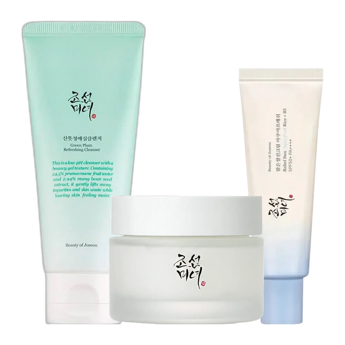 Komiko basis pakke 3 steps parfumefri med Beauty of Joseon Green Plum Refreshing Cleanser, Dynasty Cream og Relief Sun Aqua-Fresh SPF50+