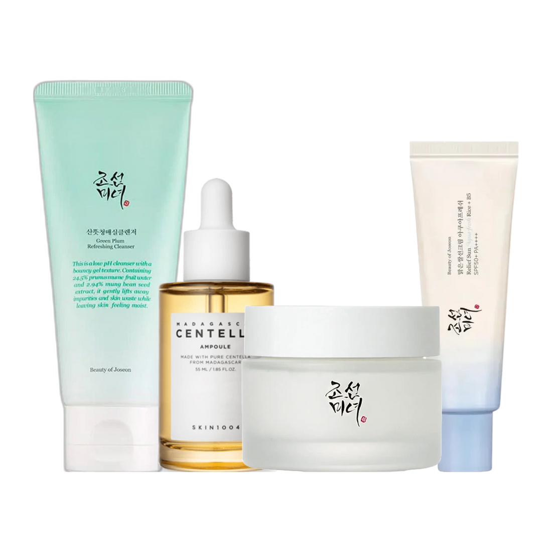 Komiko basis pakke 4 steps parfumefri med Green Plum Refreshing Cleanser, SKIN1004 Centella Ampoule, Dynasty Cream og Relief Sun Aqua-Fresh SPF50+