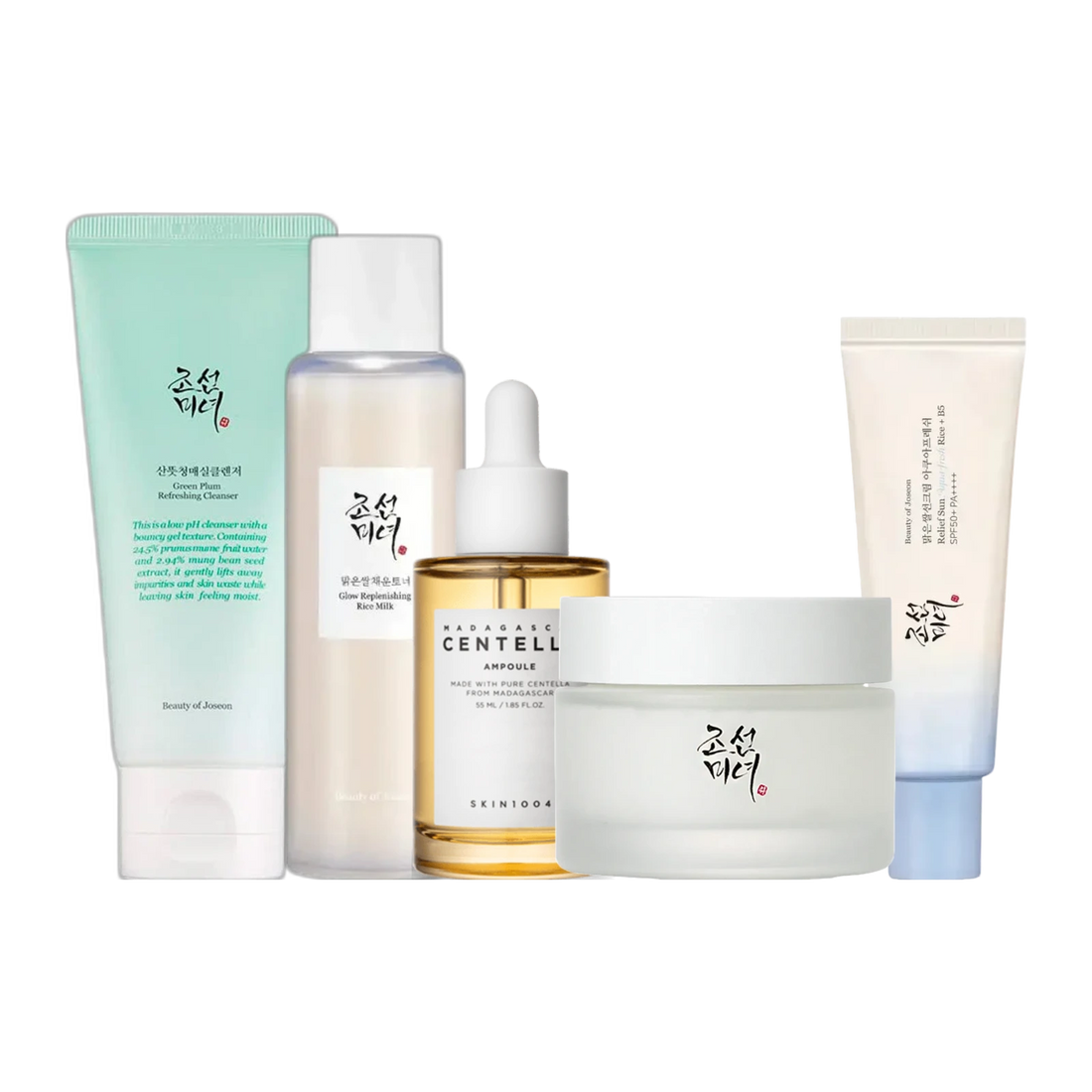 Komiko basis pakke 5 steps parfumefri med Green Plum Refreshing Cleanser, Glow Replenishing Rice Milk, SKIN1004 Centella Ampoule, Dynasty Cream og Relief Sun Aqua-Fresh SPF50+