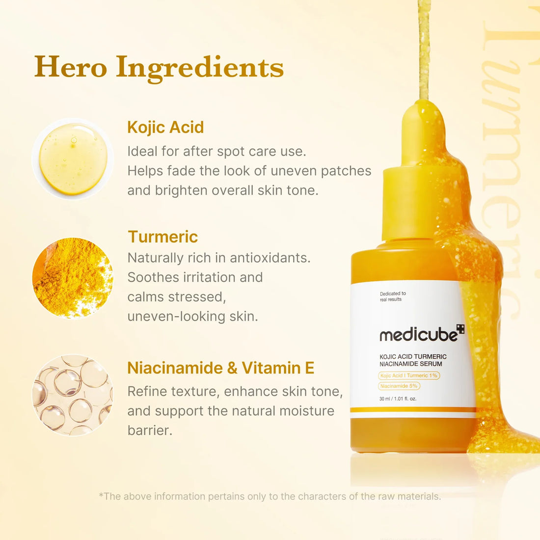 Medicube Kojic Acid Turmeric Niacinamide Serum – nøgleingredienser: kojicsyre, gurkemeje, niacinamid og E-vitamin