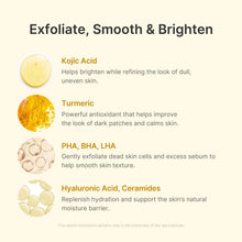 Medicube Kojic Acid Turmeric Peel Shot – nøgleingredienser: kojicsyre, gurkemeje, PHA, BHA, LHA og hyaluronsyre